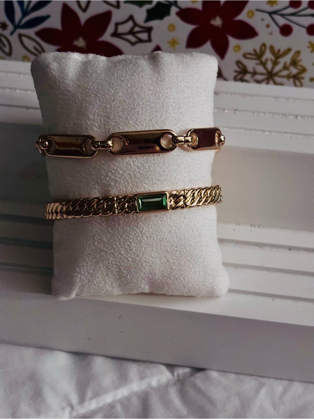 Gold Tone Link Bracelet Set with Green Stone Accent
